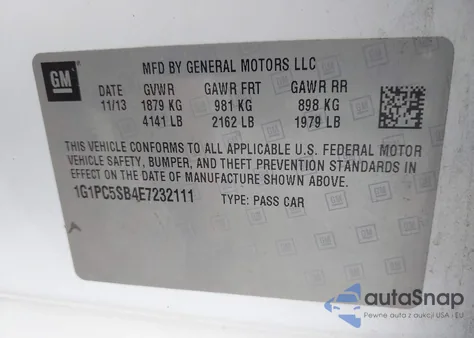 2014 Chevrolet Cruze 1Lt Auto from USA, damaged, VIN 1G1PC5SB4E7232111